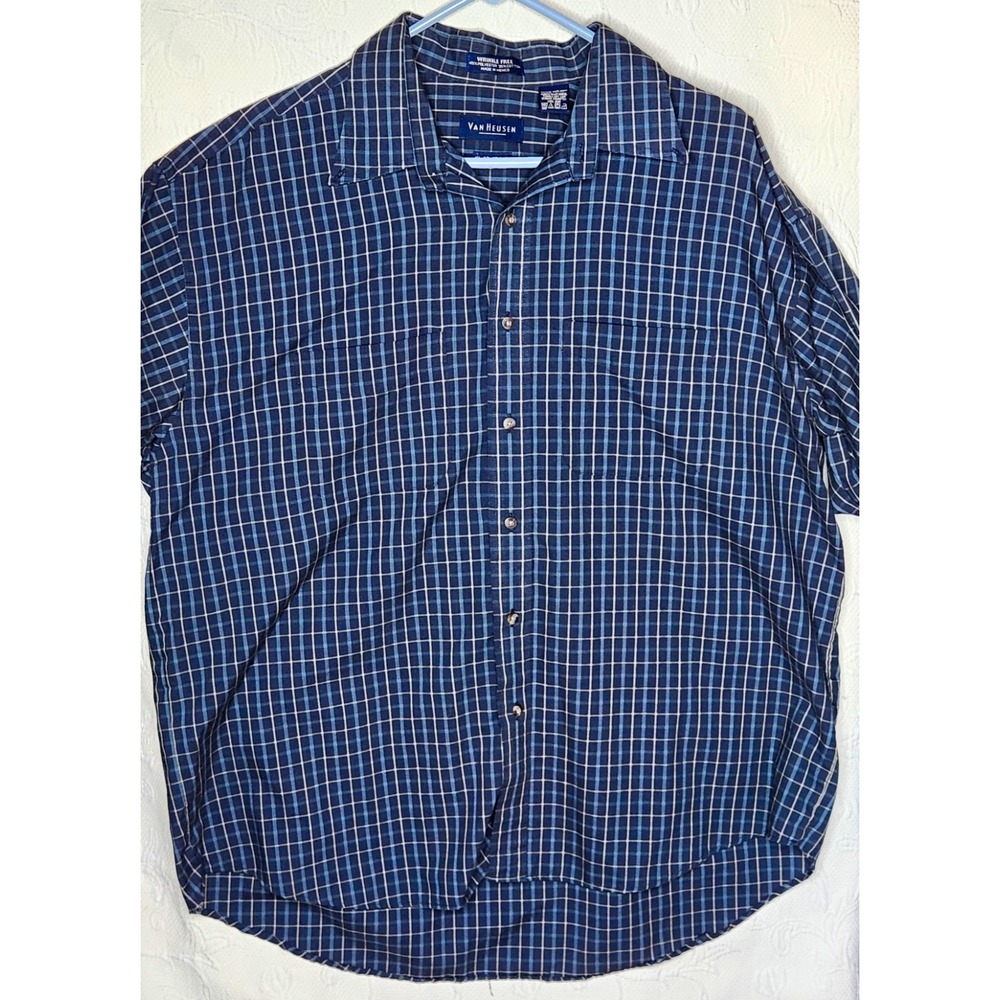 Van Heusen Men's Dress Shirt Blue Plaid Wrinkle Resistant 17-17.5 34/35